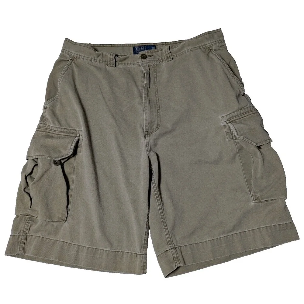 VTG POLO RALPH LAUREN Men 36 Khaki Cotton Wellworn‎ Cargo Shorts